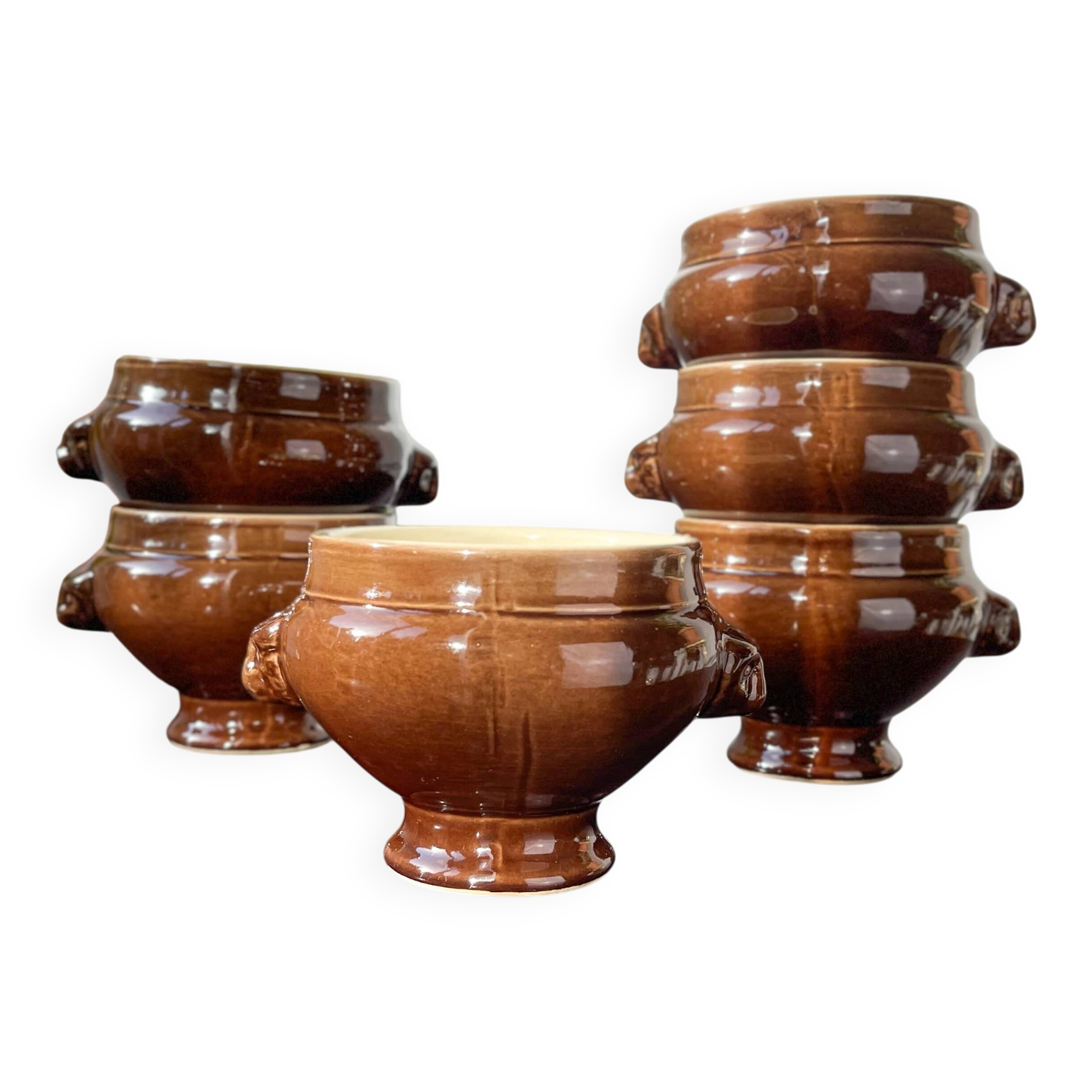 6 vintage Emile Henry lion's head onion soup bowls in ceramic - brown, made in France.