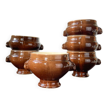 6 vintage Emile Henry lion's head onion soup bowls in ceramic - brown, made in France.