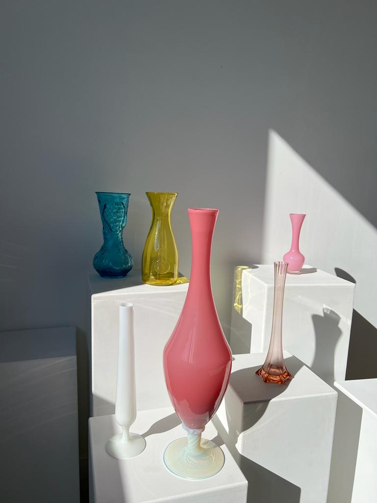 Vintage pink opaline glass vase, white foot h: 53cm