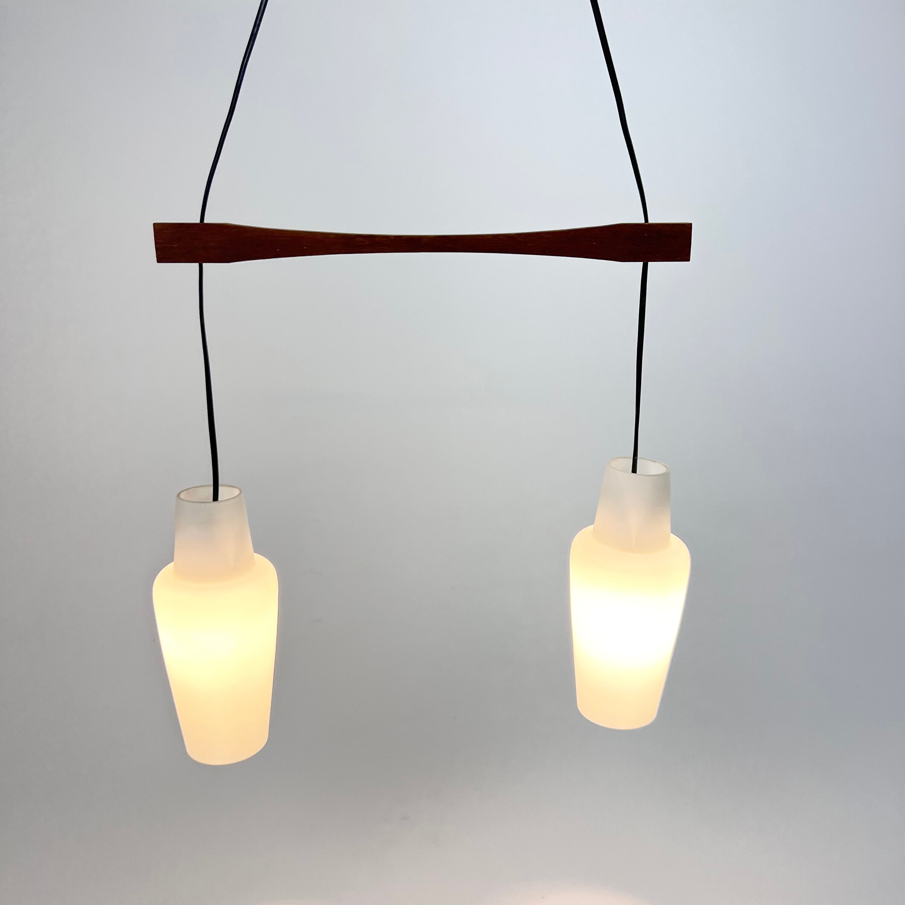 Danish Teak and White Glass Hanging Lamp, 1950s
