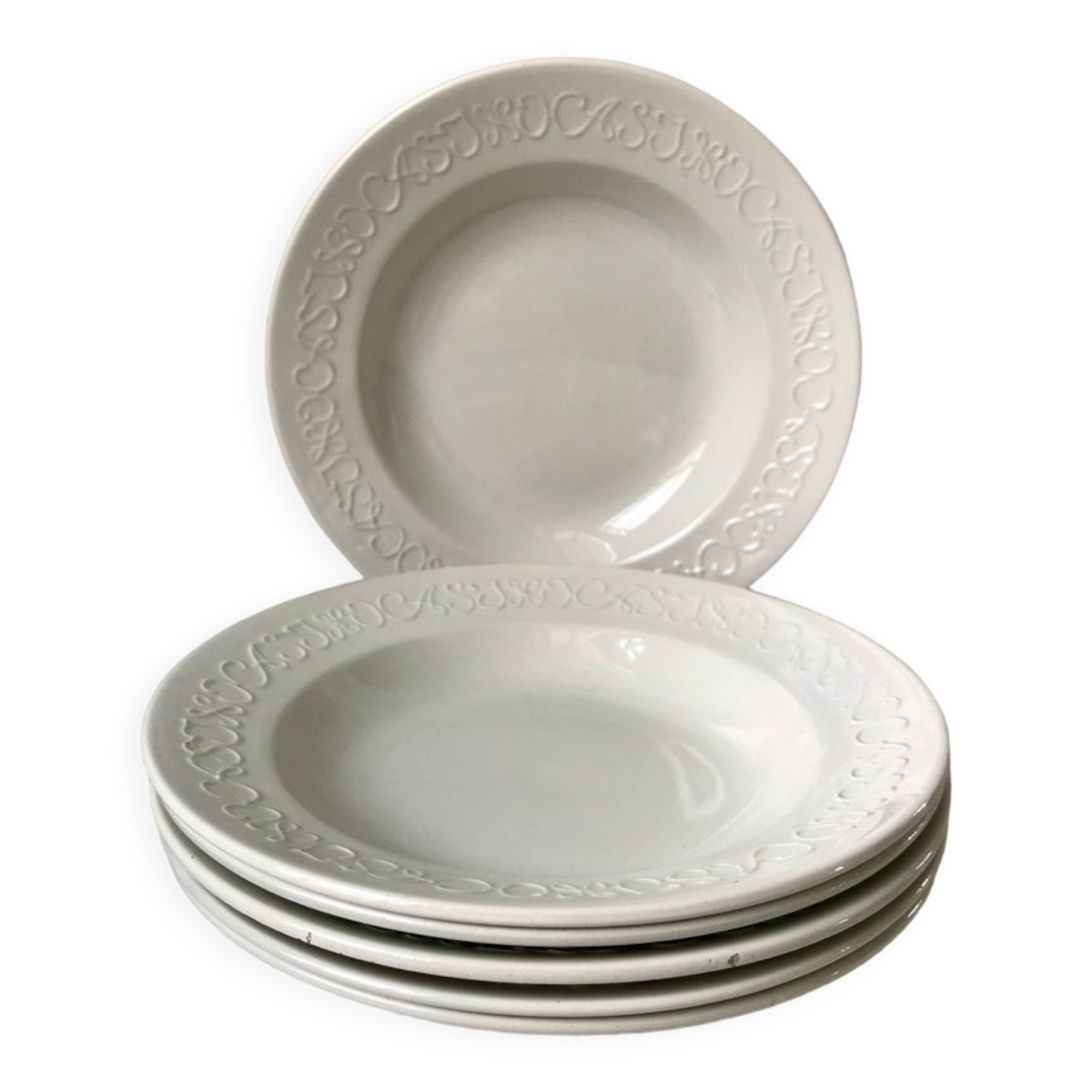 Set of 6 hollow plates Digoin Sarreguemines model Alphabet relief white 40s