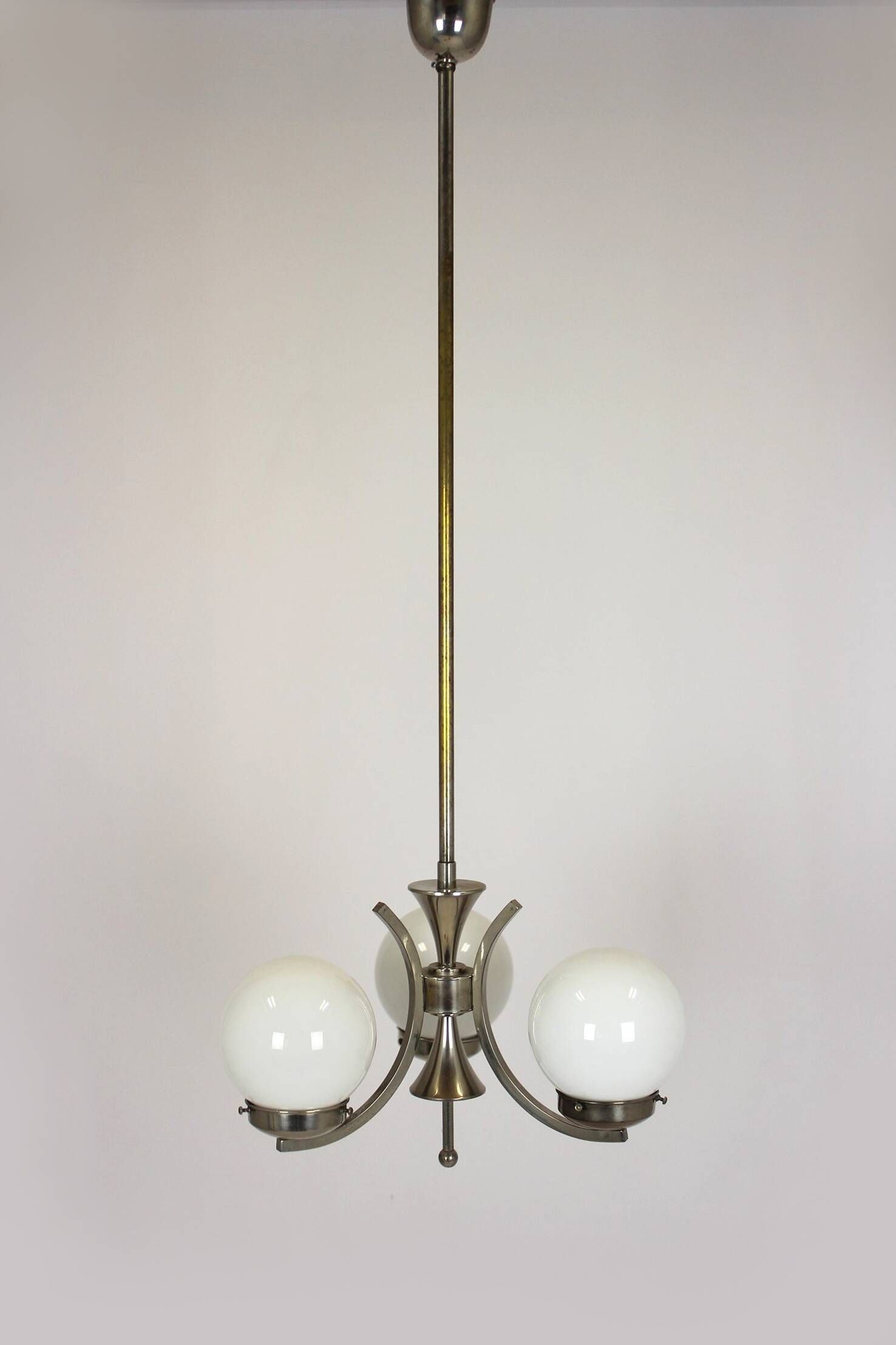 Vintage Czech Bauhaus style pendant light, tall, with opaline glass globes, 1940s