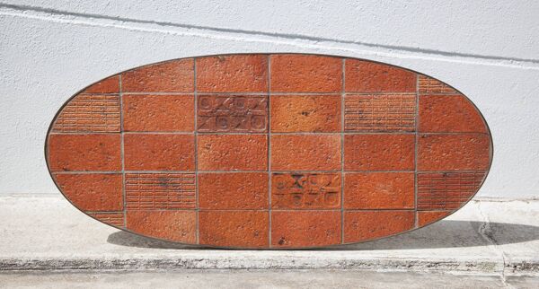Table basse Jean Jaffeux, en pierre de lave émaillée avec structure en fer forgé, 60's