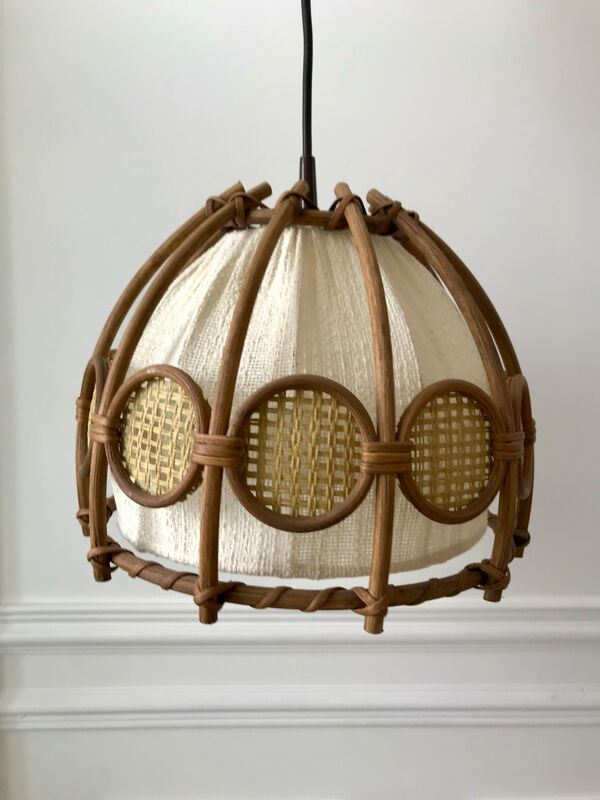 Suspension scandinave en rotin toile et cannage années 60-70