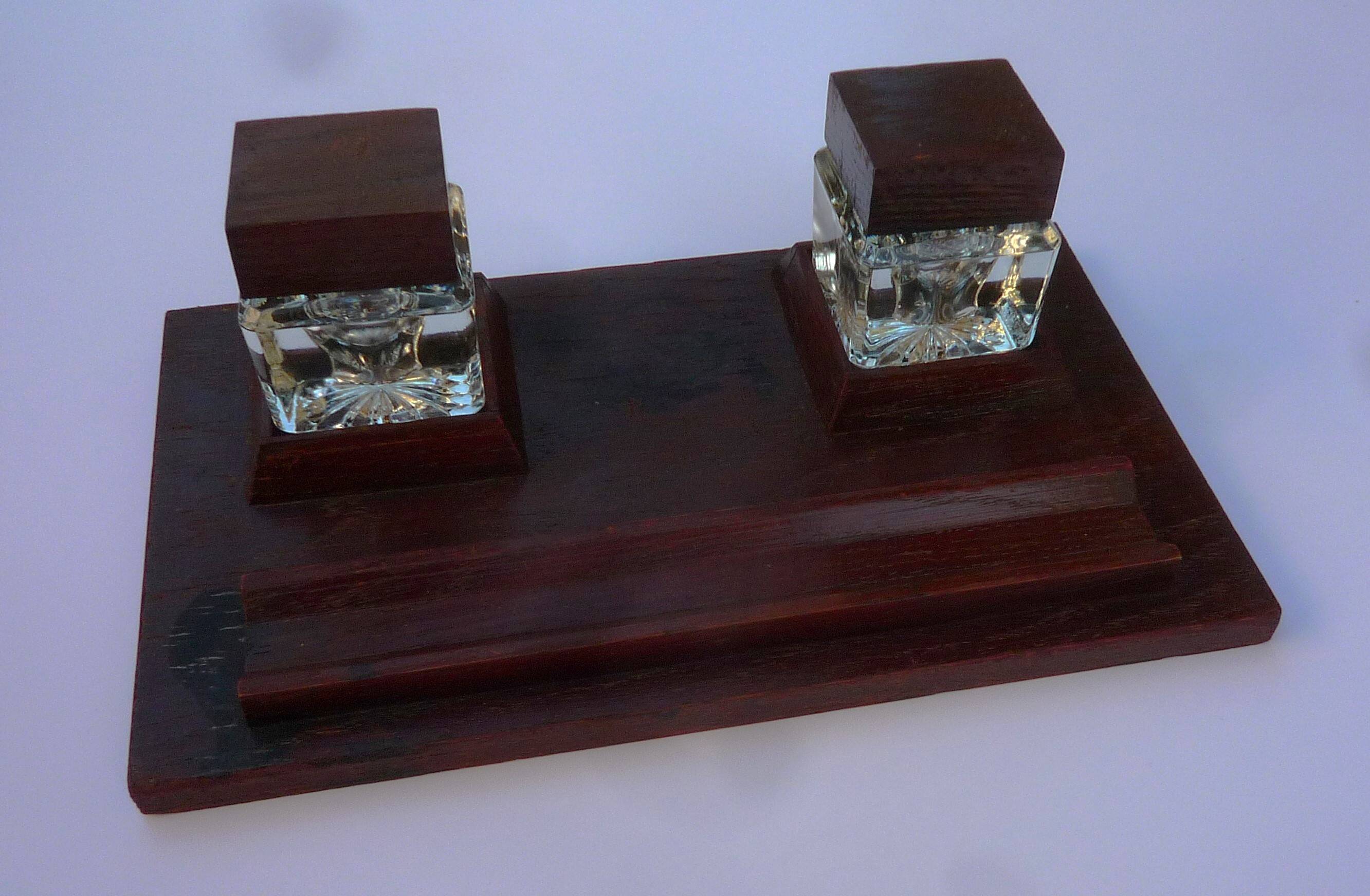 Wooden writing set including two glass inkwells, circa 1950