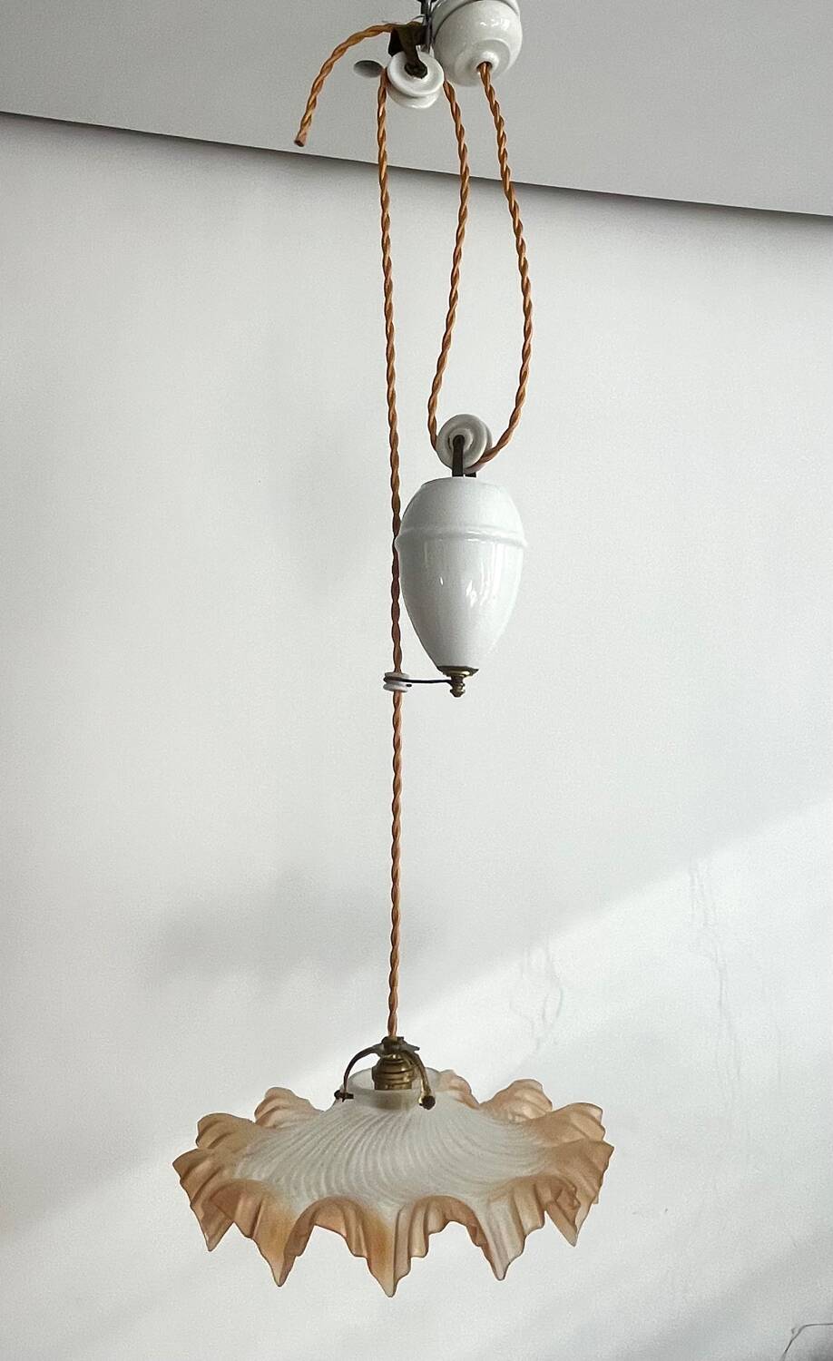 Opaline glass pendant light in ochre frilly glass, rises and falls