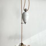 Opaline glass pendant light in ochre frilly glass, rises and falls