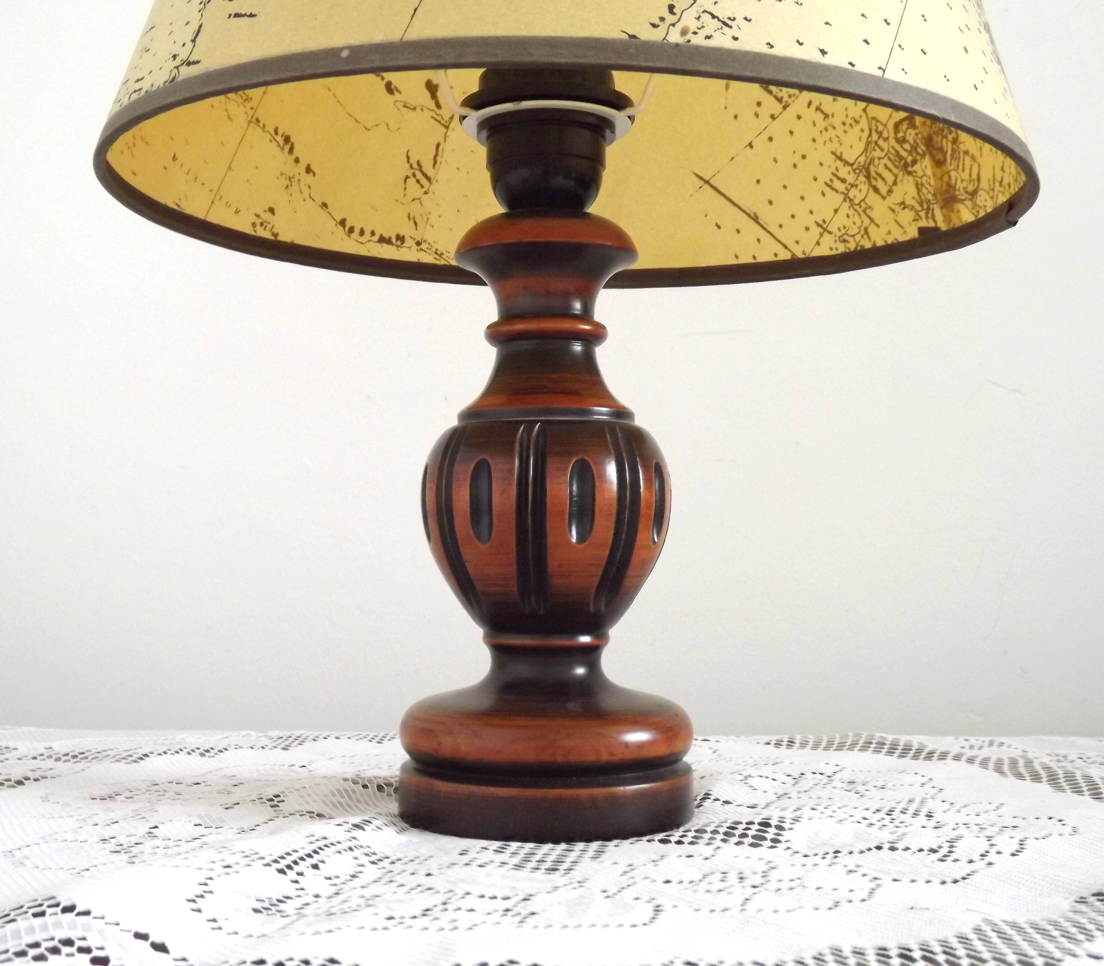 French Mid Century Round Turned Wood Grooved Table Lamp Map Detail Shade
