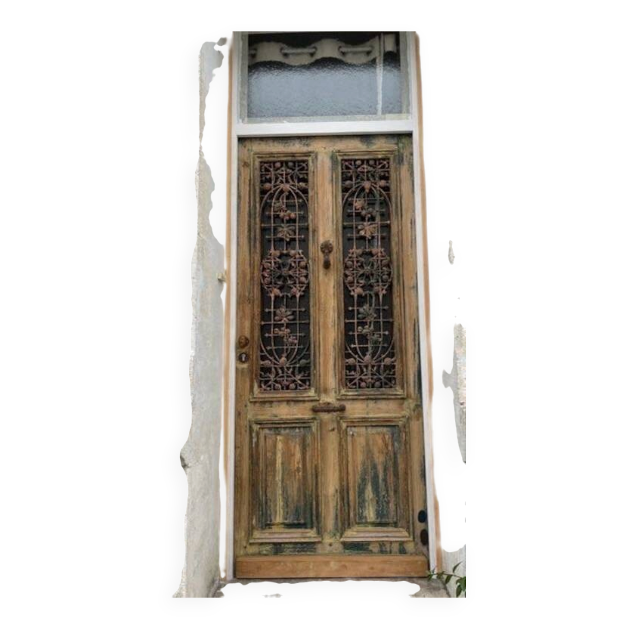 Front door of a house or building in the city centre, with a dolphin door knocker and frame + transom.