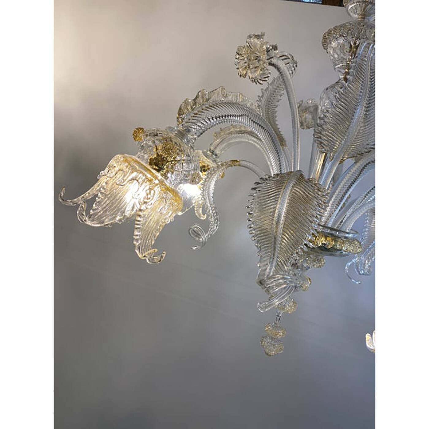 Glass Clear and Gold Chandelier With Flowers and Leaves