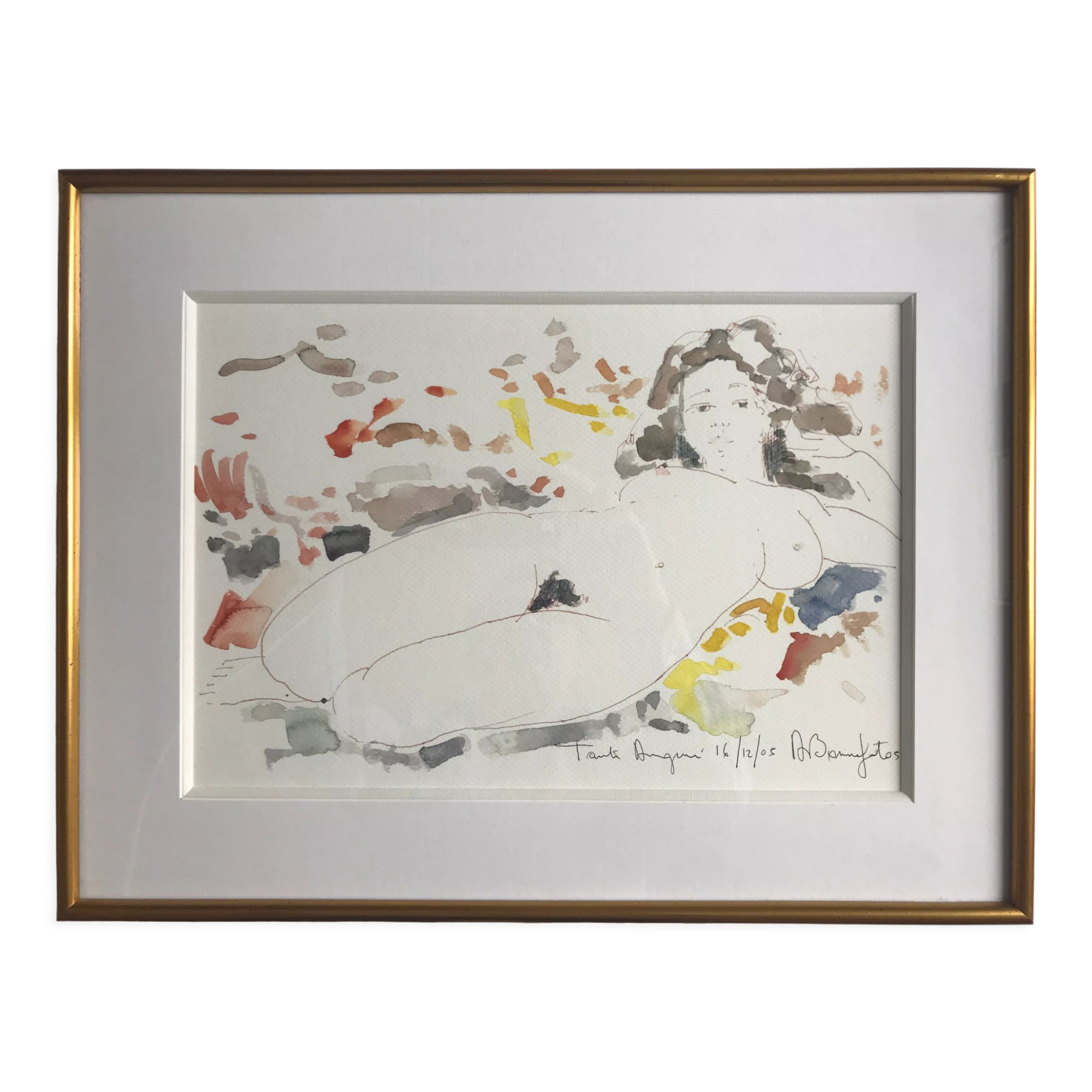 Watercolor in colors signed by alain bonnefoit, nude elongated, 2015