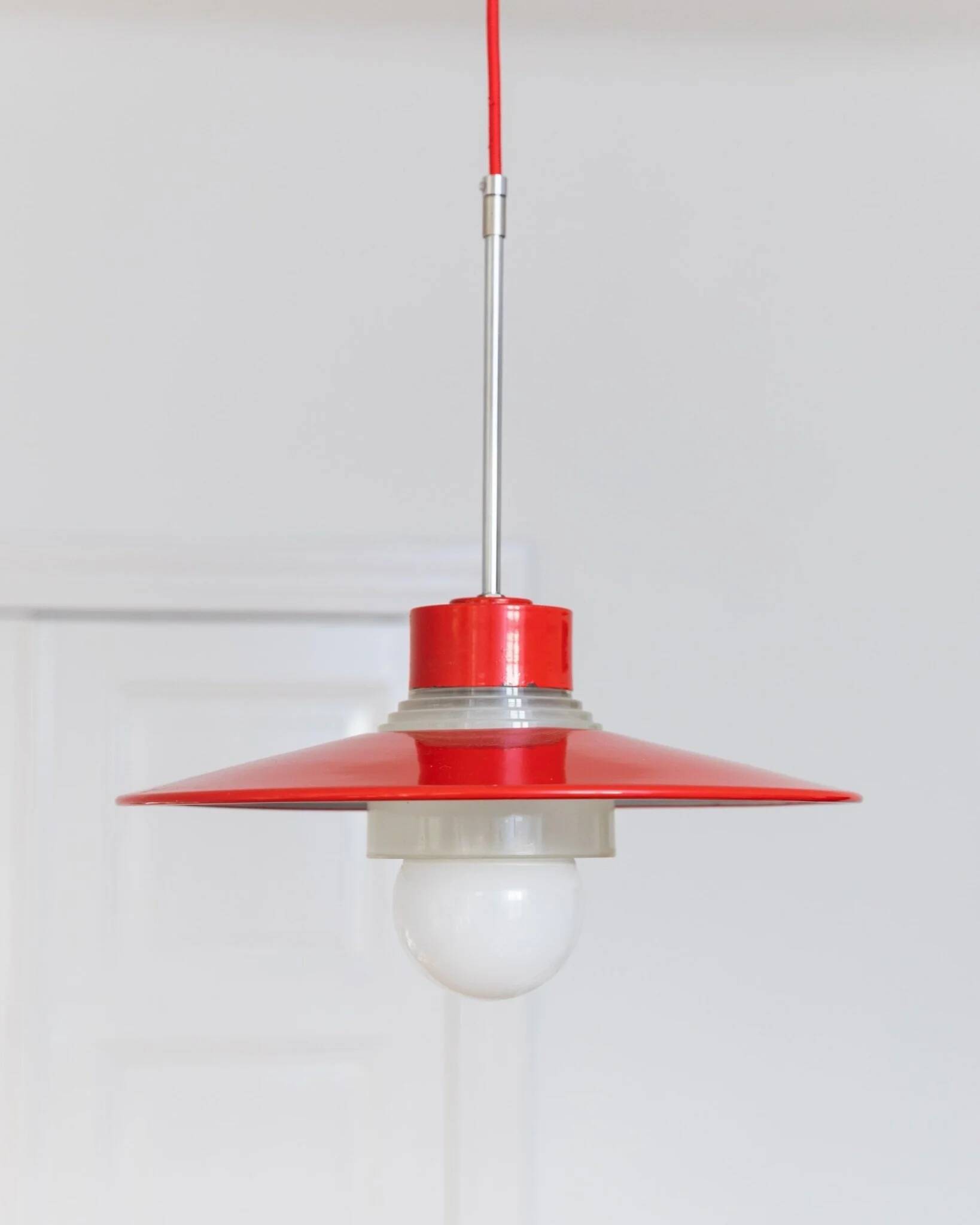 Red metal and glass Danish ceiling light, mid-century Memphis-inspired pendant with opal globe