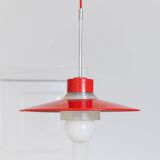 Red metal and glass Danish ceiling light, mid-century Memphis-inspired pendant with opal globe