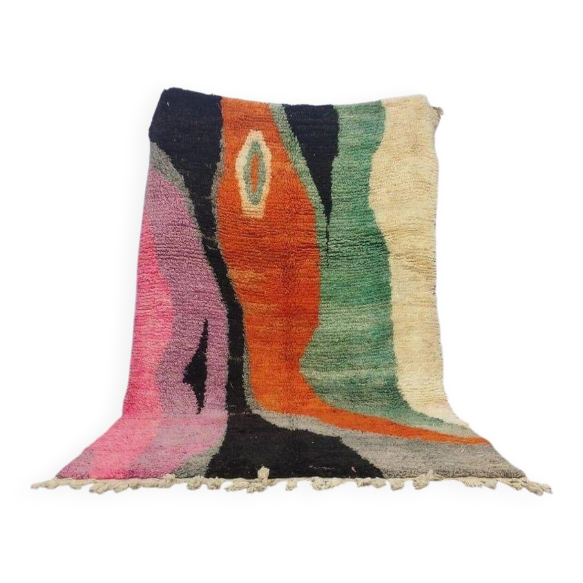 Large handmade Moroccan rug with colourful patterns.