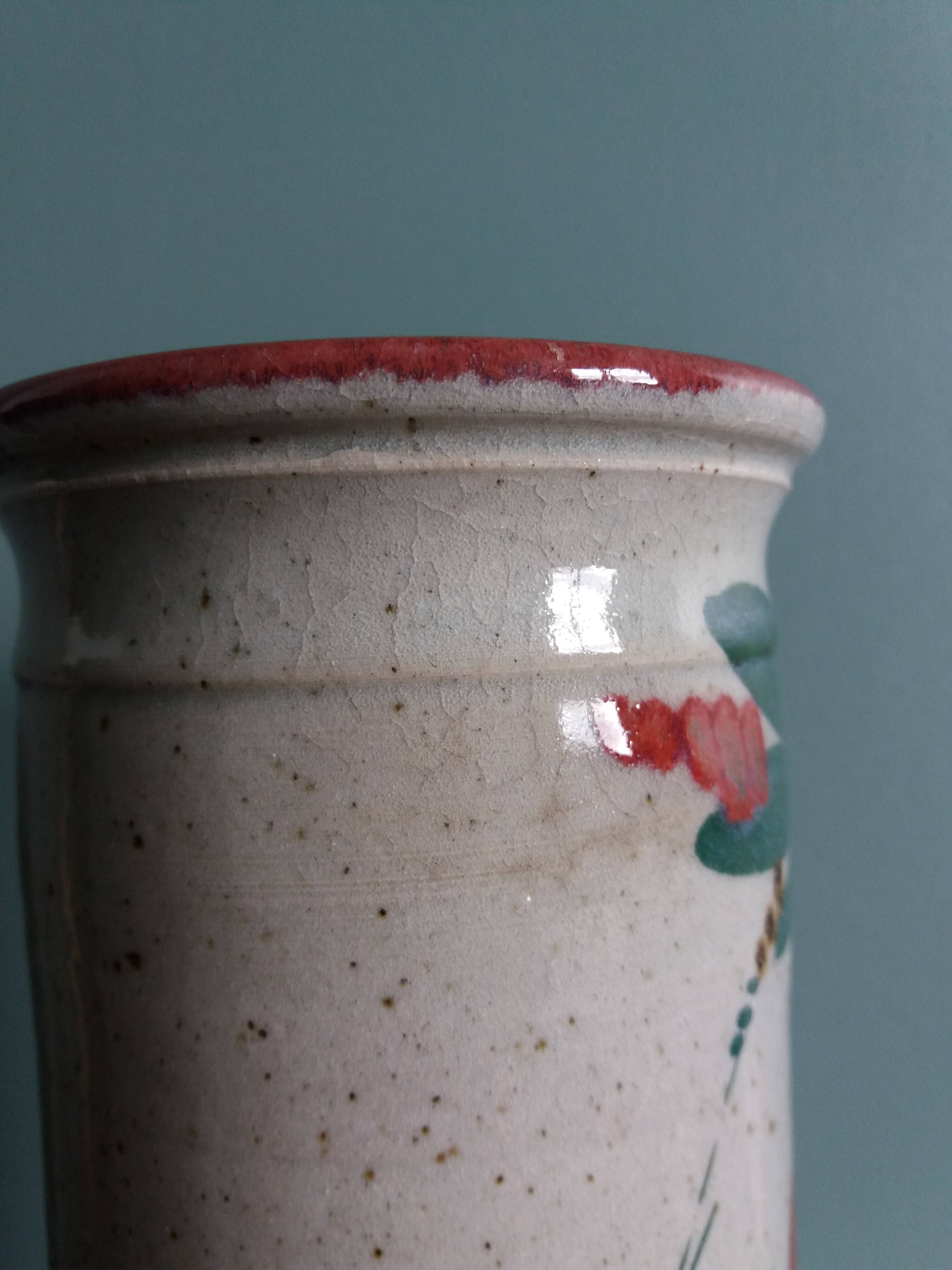 Signed scroll vase with poppy dragonfly decor