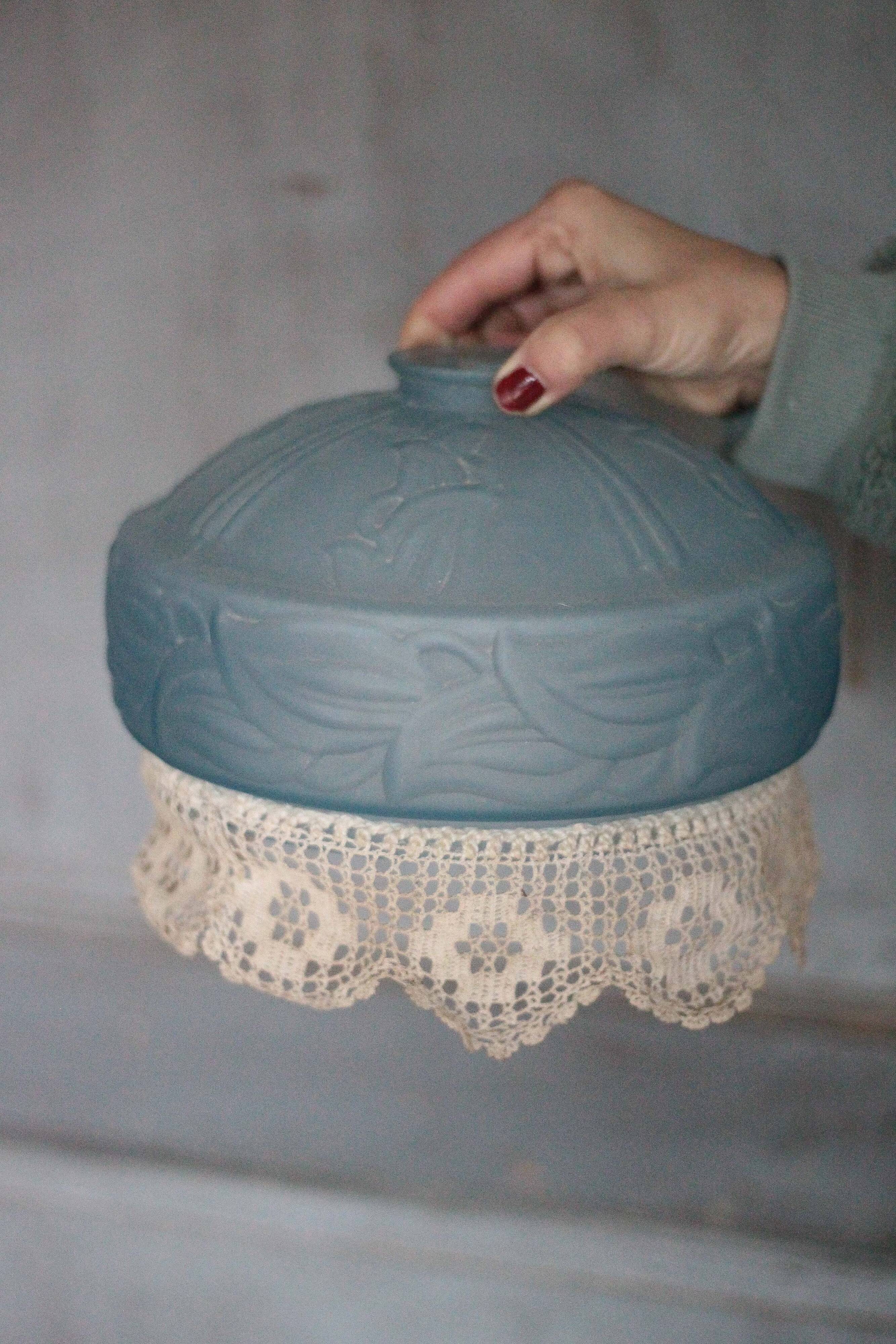 Blue glass lampshade, Art Deco pendant, vintage ceiling lamp.