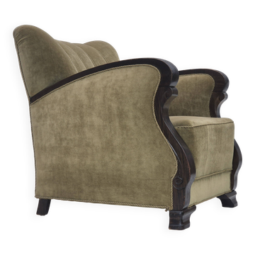 1950s, Danish relax armchair, green furniture velour, beech wood.