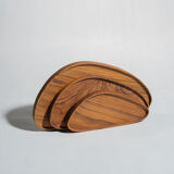 Trio of rounded triangular shaped trays or cups in monoxyl teak