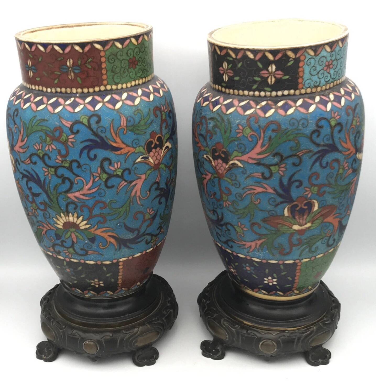 PAIR of Cloisonné Ceramic VASES, Floral Decoration, Bronze Base