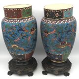PAIR of Cloisonné Ceramic VASES, Floral Decoration, Bronze Base