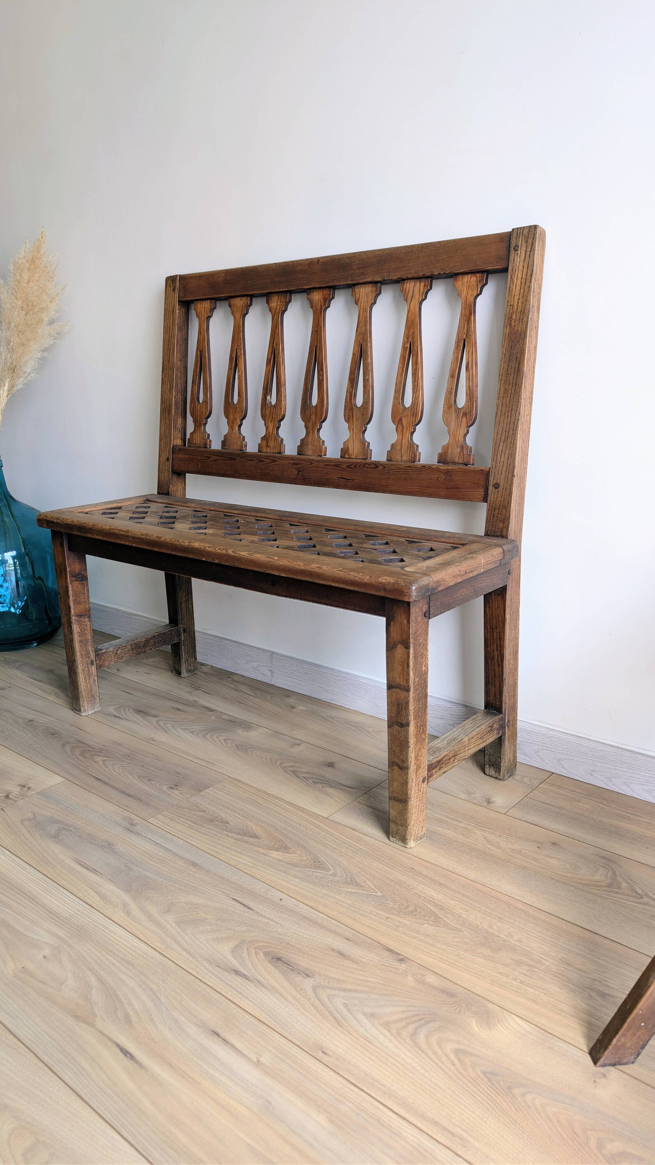 Old church bench in pitch pine, rustic charm and authentic patina.