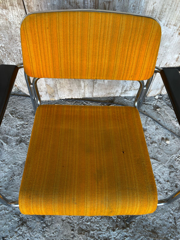 Paire Fauteuil Ancien Métal Chromé + Tissu Orange + Bois 1970 Vintage