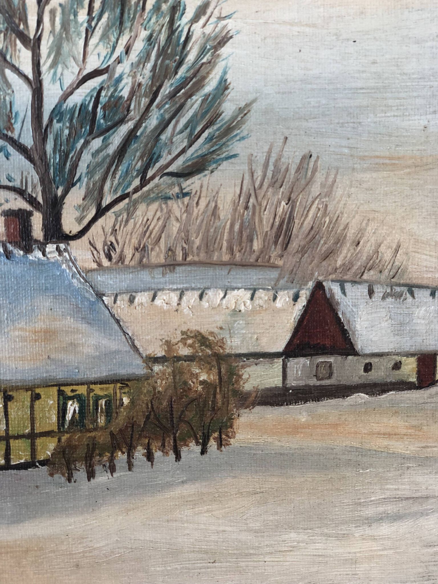Vintage Original Cottage Oil Painting: Framed Winter Landscape Art