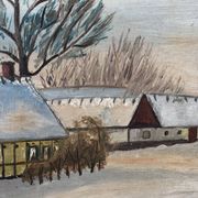Vintage Original Cottage Oil Painting: Framed Winter Landscape Art