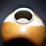 Vintage ball vase in flamed stoneware 1960 - caramel color with blue flow - signed DS