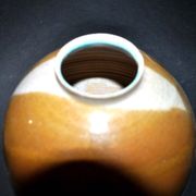 Vintage ball vase in flamed stoneware 1960 - caramel color with blue flow - signed DS