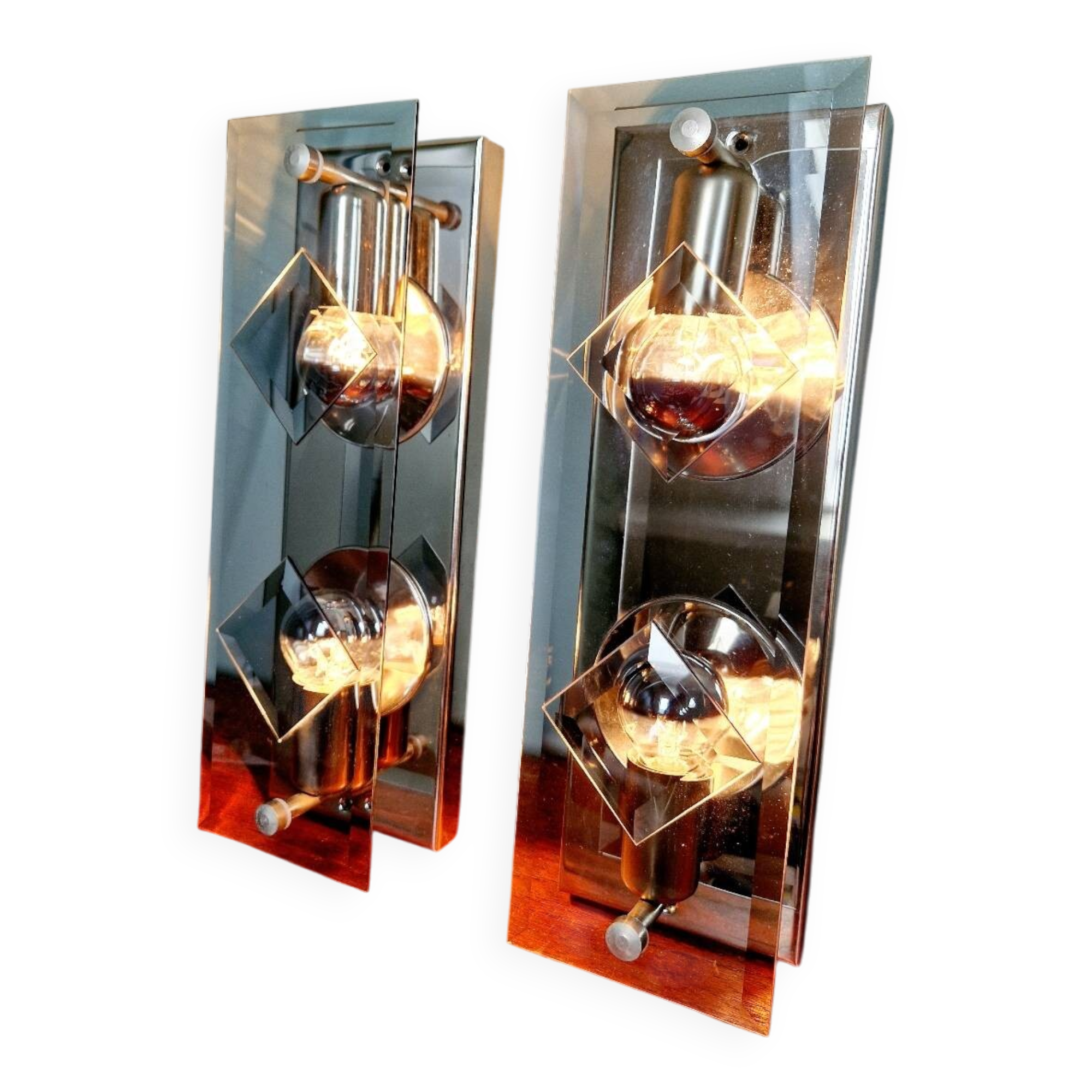 Pair of chrome metal and smoked glass wall sconces, 1970s.