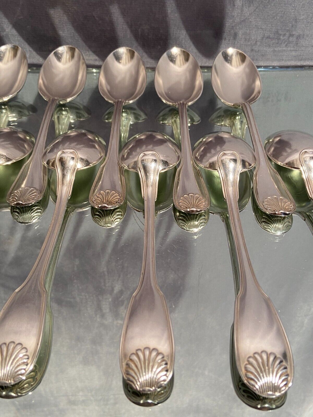 Suite of 12 large spoons silver metal decoration shell Louis XV Boulenger