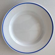 3 Pillivuyt white porcelain dinner plates with blue edging.