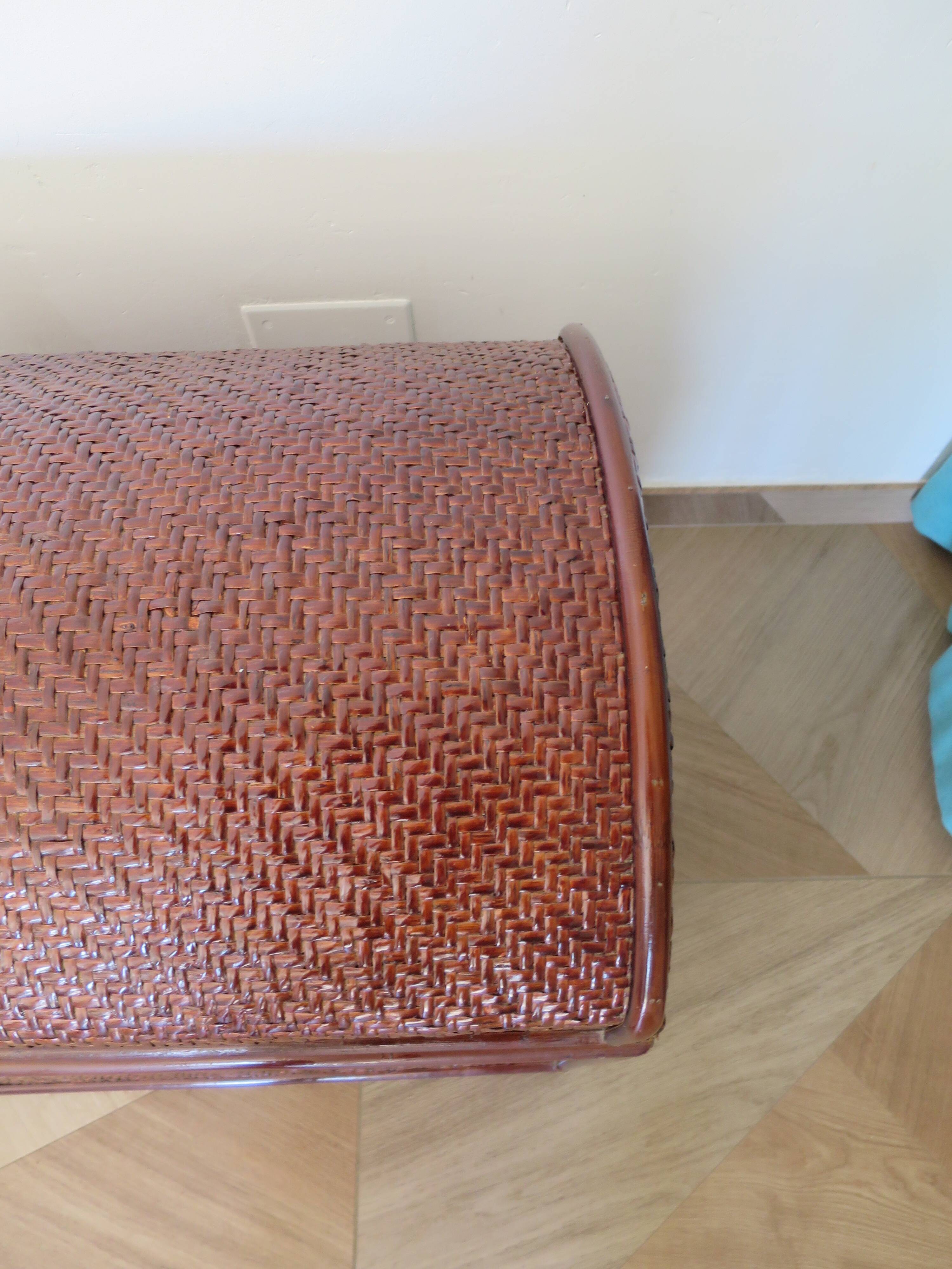 Vintage storage chest - curved - woven rattan - 1970s - mahogany colour