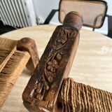 Stool in carved wood and rope from the 70s