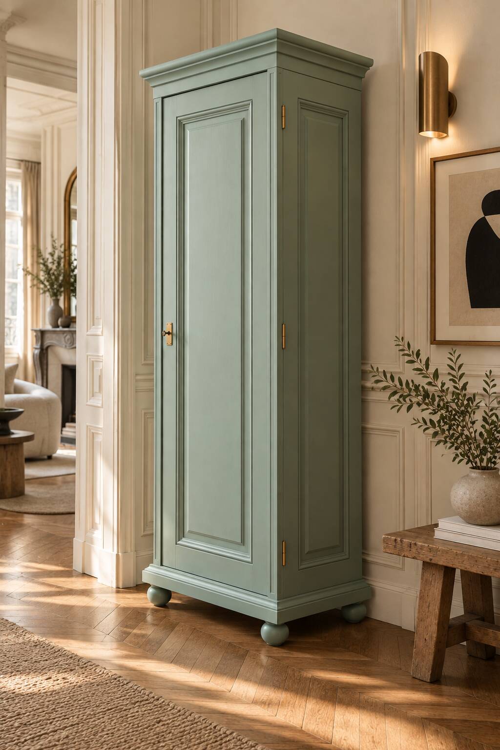 Parisian bonnetière, solid pine, Art Deco, renovated, grey-green.