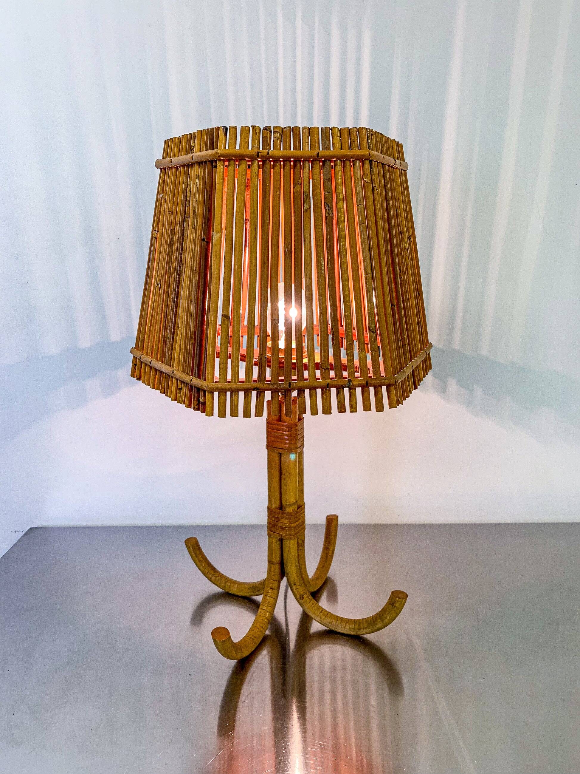 Large Louis Sognot French bamboo & rattan table lamp, France, 1960s