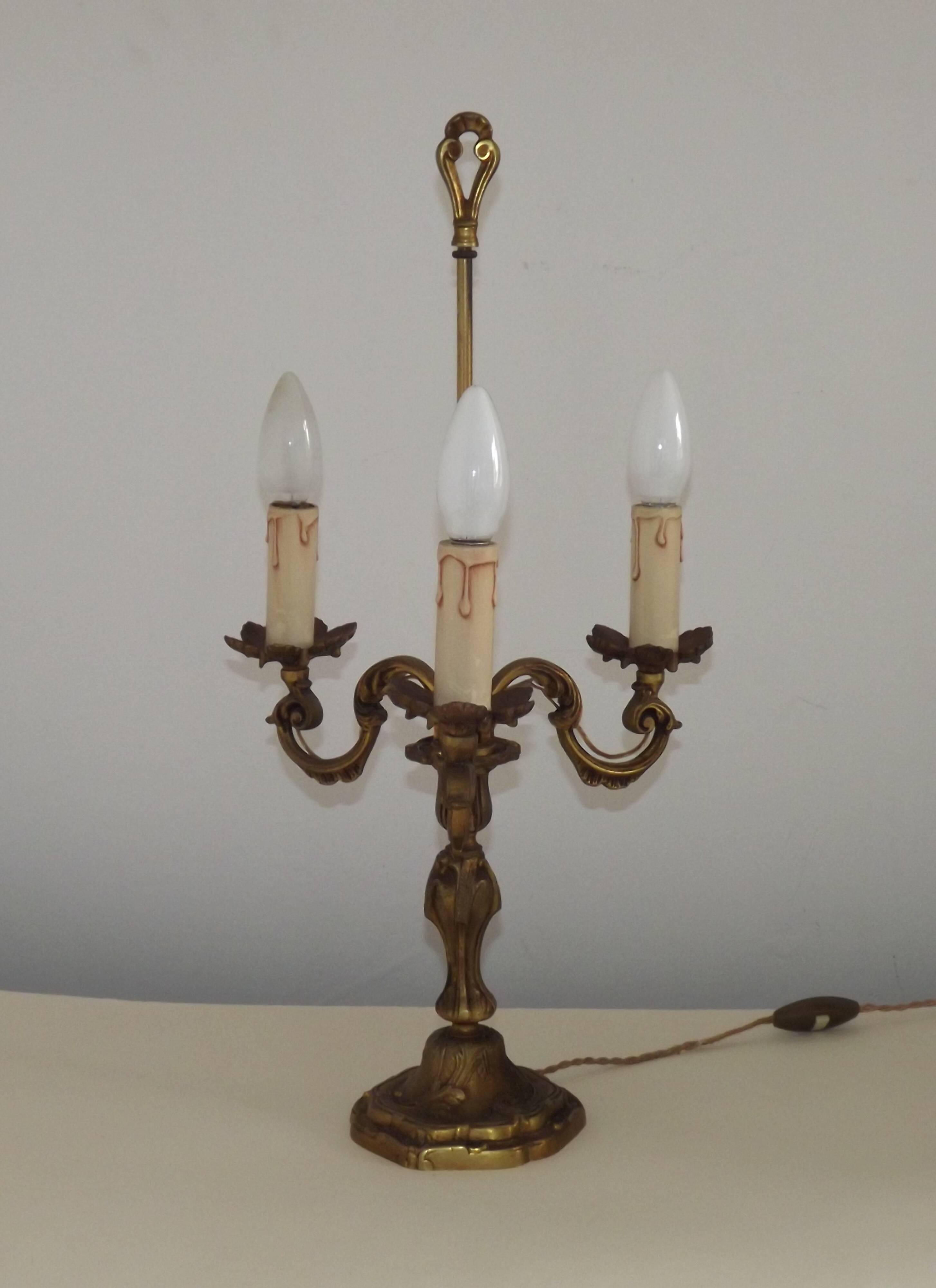Bronze French Antique Art Nouveau 3-Light Candelabra Lamp Pleated Shade