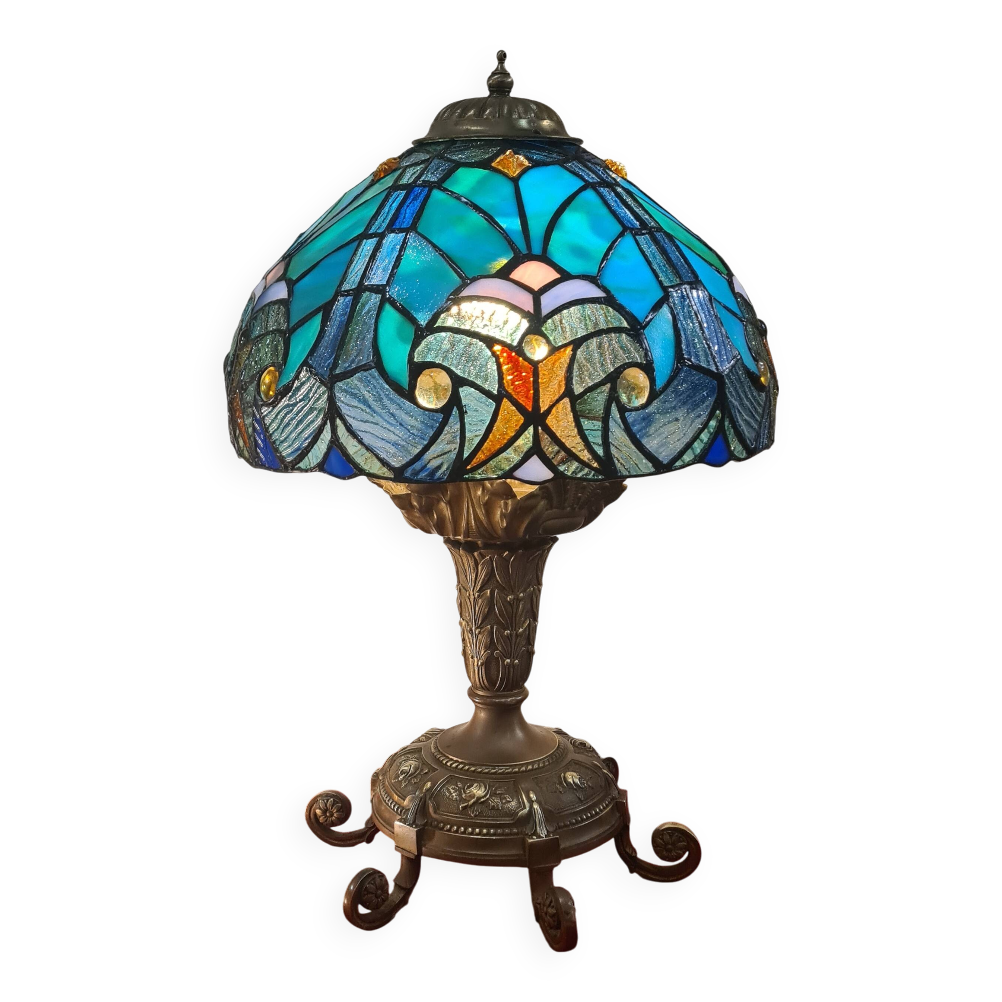 antique solid bronze lamp and glass lampshade 47x32 6kg
