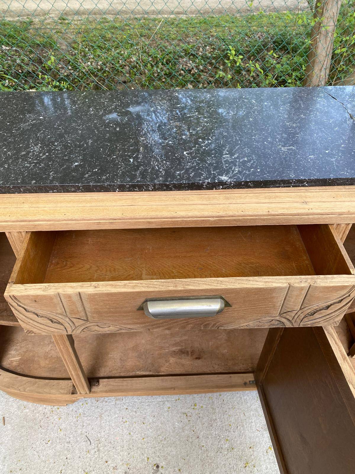 Renovated vintage Parisian art deco sideboard in solid oak and marble 1930
