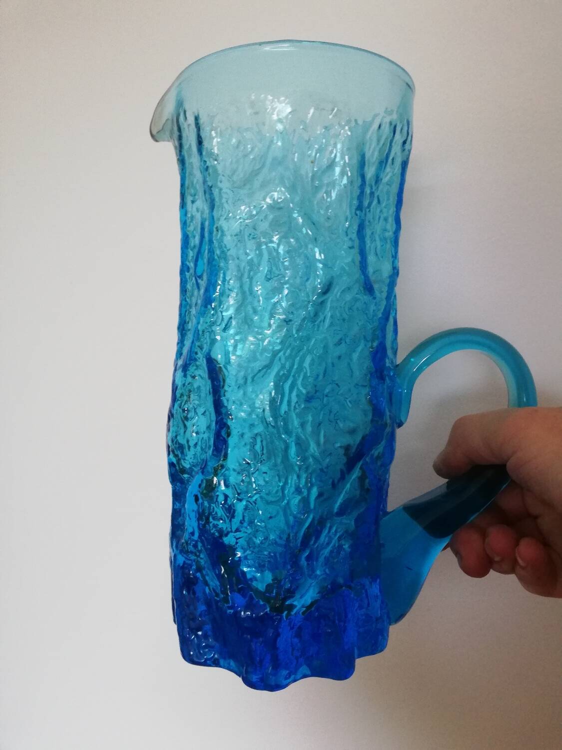 Blue Glass Pitcher with Bark Effect Textured Surface by Geoffrey Baxter or Ingrid Glasshütte from the 1960s-70s.