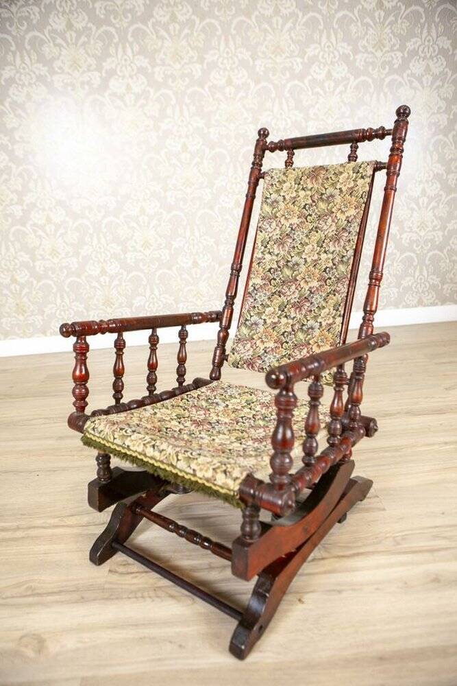 Antique Spring Rocking Chair in Floral Fabric, 1890s