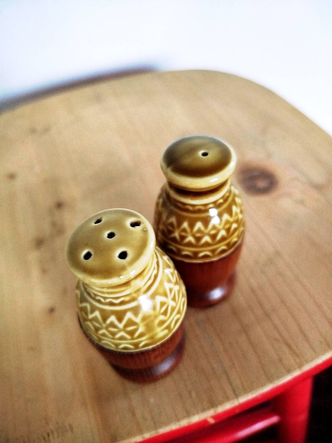 Olive wood and ceramic salt and pepper shakers