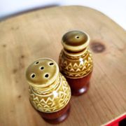 Olive wood and ceramic salt and pepper shakers