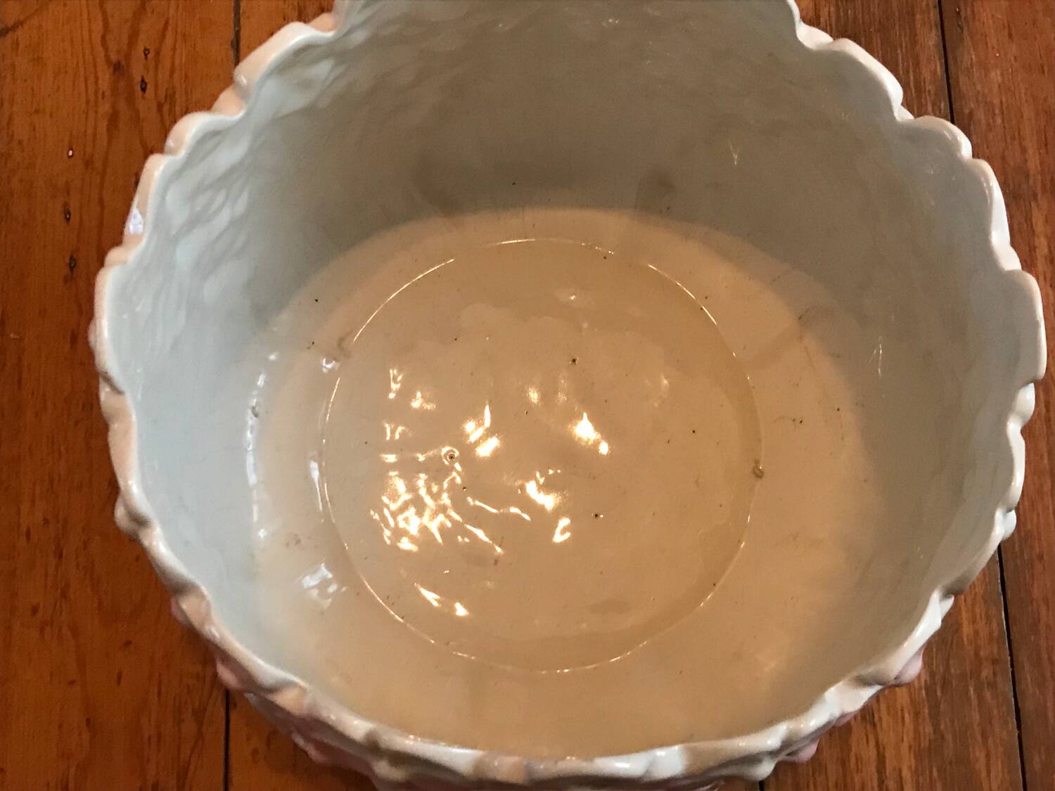 Old vintage pink and white hydrangea-shaped CLF cache pot