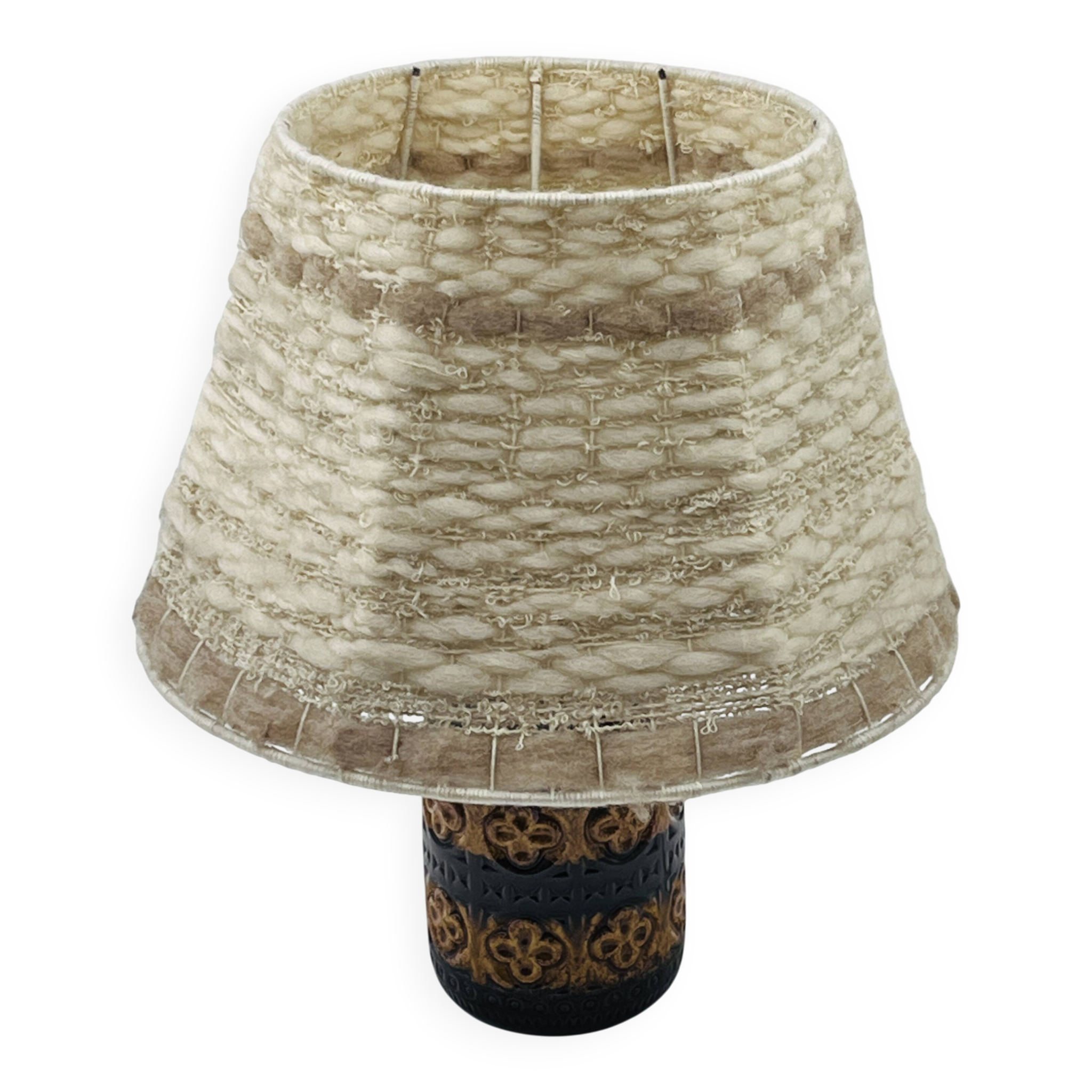 Lampe vintage en céramique relief et abat-jour laine