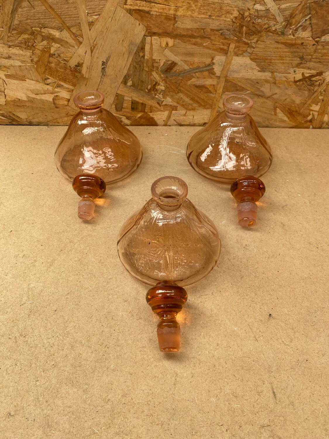 Set of 3 old perfume bottles + vintage pink molded glass stopper #b470