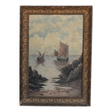 Old painting, marine painting, framed painting, wall painting, boat