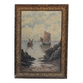Old painting, marine painting, framed painting, wall painting, boat