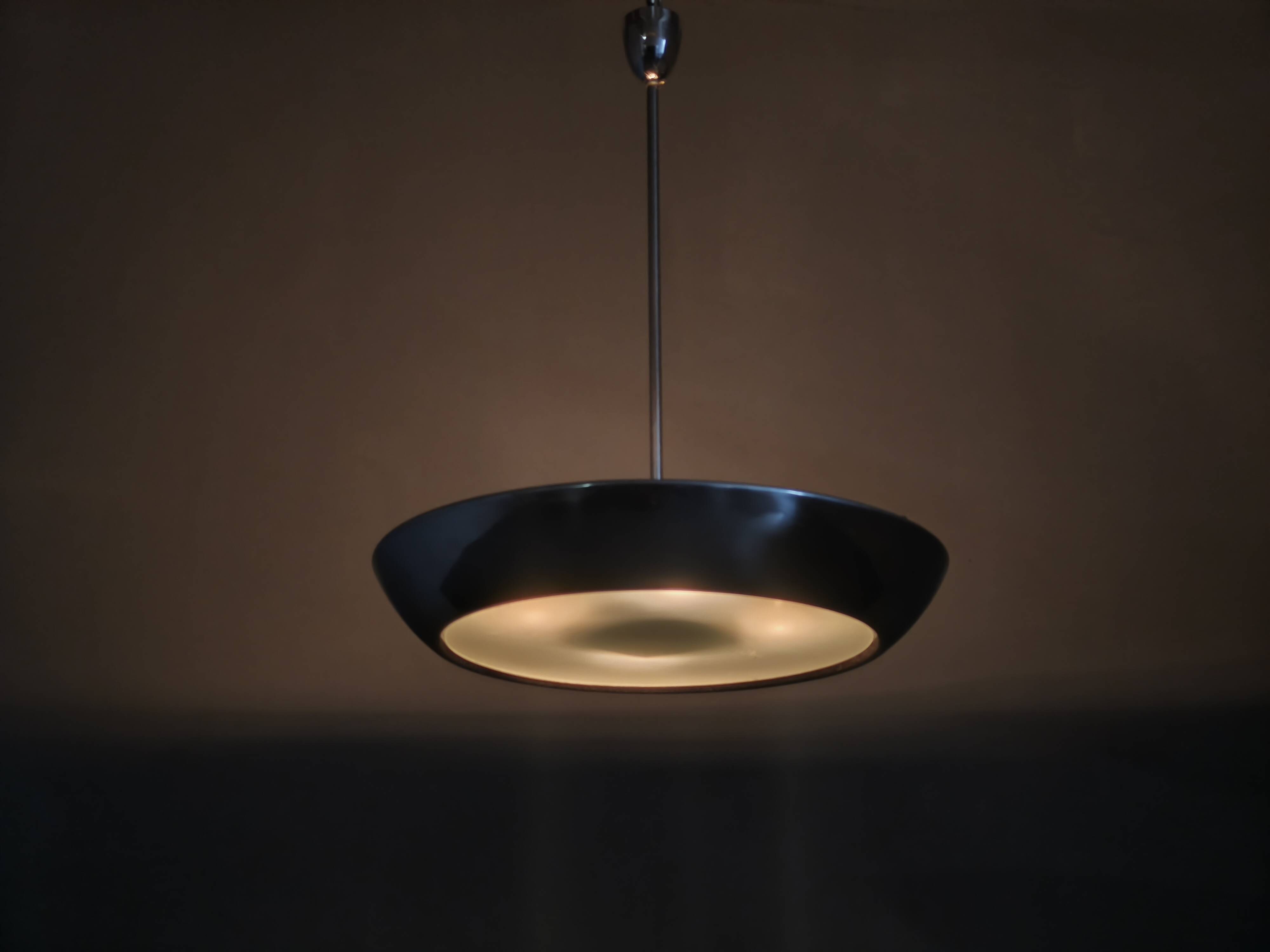Bauhaus UFO Chandelier by Drupol, Chrome Glass Pendant, 1940s